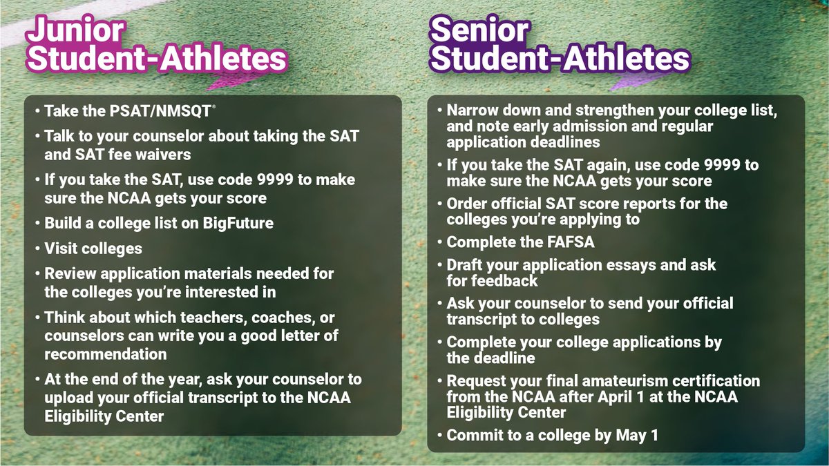 CollegeBoard's tweet photo. If you want to play a sport in college, keep your planning on track! 🥇🏃 #StudentAthleteDay https://t.co/1oHF91qGOe https://t.co/Nq3y4U9KrL