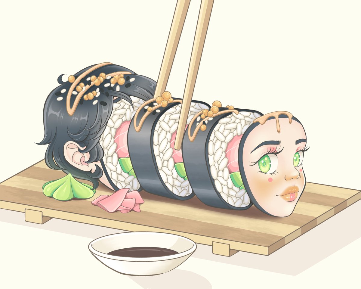 piratesarrrt's tweet photo. What’s your favorite food??? Mine is definitely sushi!🥢🍣🤤 #Grisfeast #digitalart #art #surrealism https://t.co/ikieNU6F7z
