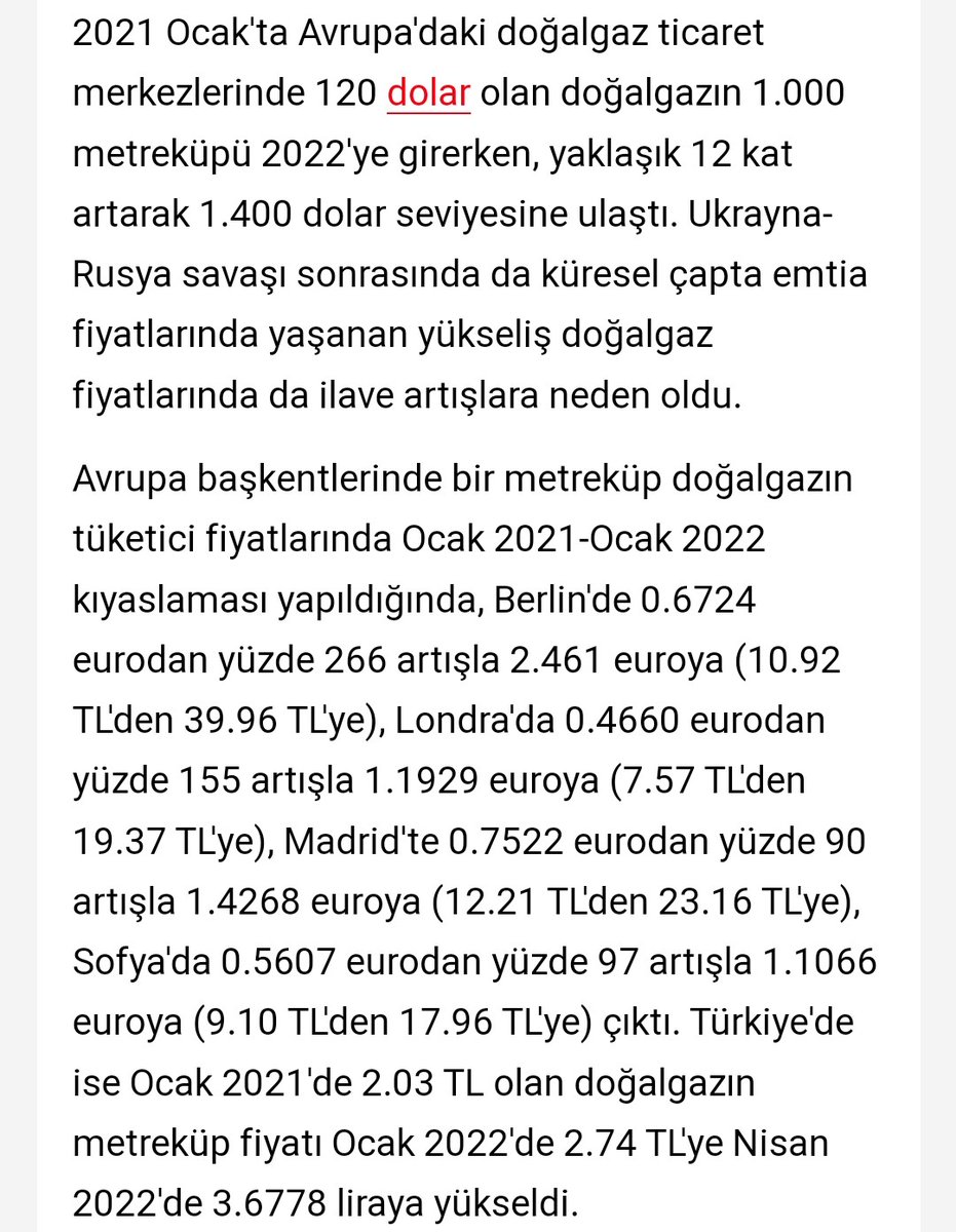 2021 Ocak ayında 1000 m³ doğal gaz 120 dolarken 2022 Ocak'ta 1400 dolar oldu.
Ocak aylarındaki fiyat artışı tüketiciye Almanya'da %266,İngiltere'de %155,İspanya'da %90 oranında yansırken Türkiye'de bu oran yaklaşık %35 oldu.