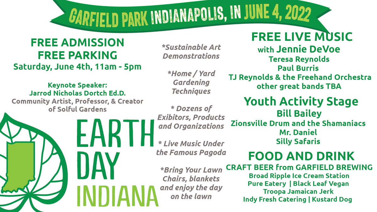 SAVE THE DATE!! June 4th.  FREE music, art and science Earth Day Indiana festival at Garfield Park, Indianapolis.  FREE live music sets from Jennie DeVoe and many regional acts.  Plenty of space to spread out a picnic on the lawn and order up delicious food and local craft beer.