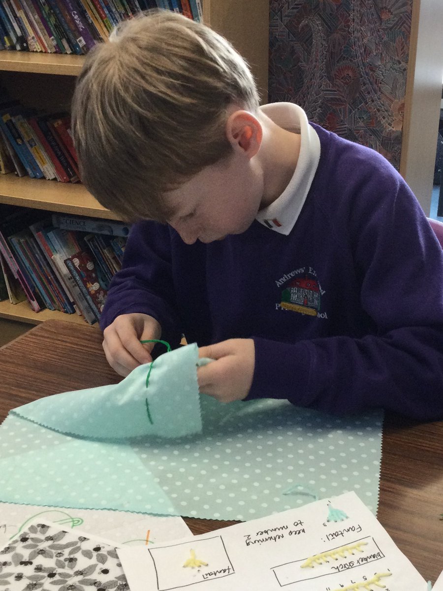 AndrewsSchool1's tweet photo. Our Year 5 children were busy this afternoon stitching their designs on their chosen fabrics after practicing the different stitches. Thank you to the team of helpers who shared their guidance. We appreciate your time. #stitchingtime https://t.co/CgQmuLsQzc