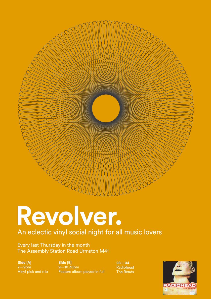 RevolverM41's tweet photo. Hi. How’s things ? We’re back on the 28th April at The Assembly  Urmston with another great mix of vinyl music. This months feature album to be played in full is Radiohead - The Bends. See you all there &amp; spread the word 👍@TheAssemblyMcr @IndieUrmston https://t.co/zlZseaJxFn