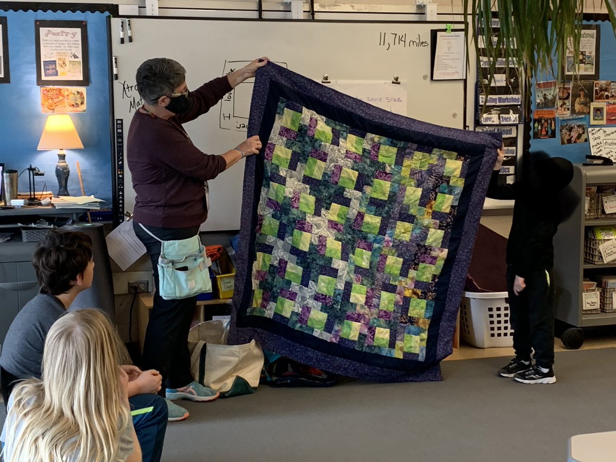 Thank you @alleecoyle (and helper) teaching us about your amazing quilts today! #MathIsEverywhere #IditarodTravelingQuilt #OurQuiltIsAlmostDone @NortheastES