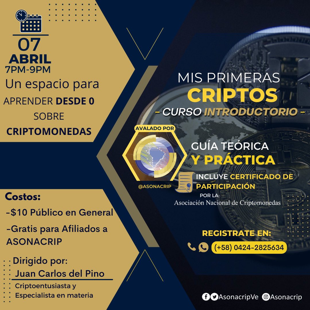 AsonacripVe's tweet photo. Un espacio dedicado a todas aquellas personas que están interesadas en el campo cripto que apenas van empezando y desean contribuir a su educación Criptofinanciera🎖🚀

Este  JUEVES 07/04
7:00PM
Inscríbete en: https://t.co/Kv295a4mBb

#criptomonedas #criptocurso #bitcoin https://t.co/xLsv2ci85N