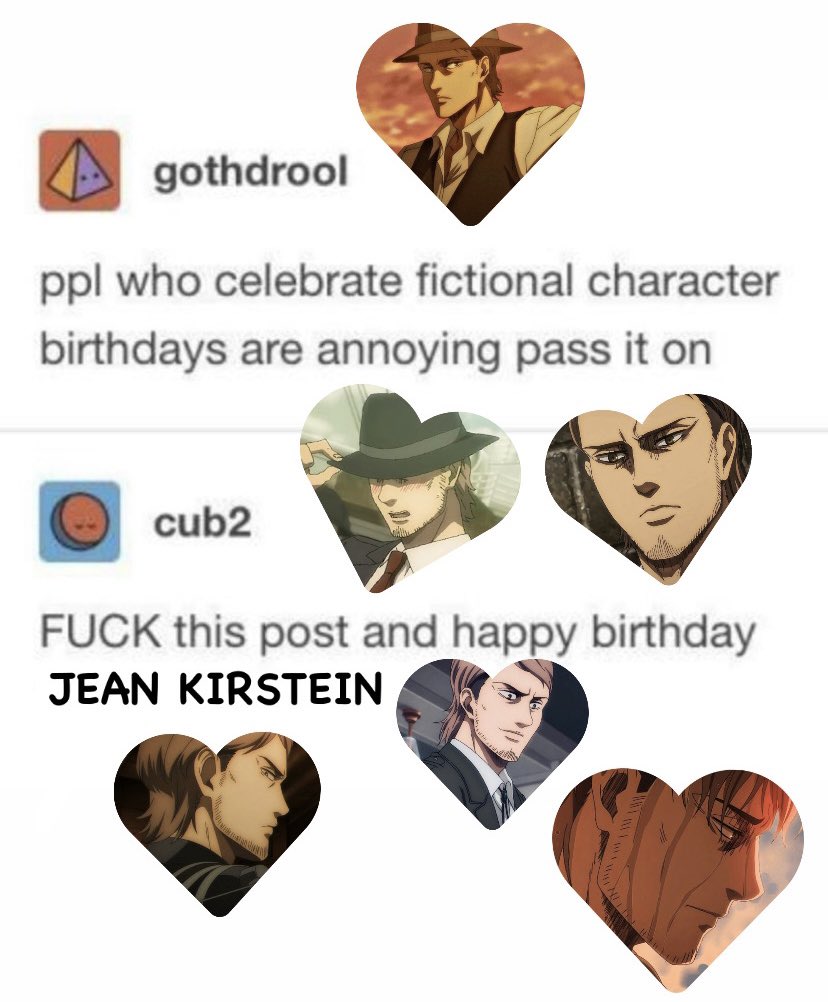 thereslettuce's tweet photo. HAPPY BIRTHDAY LOML #jeankirstein #jeankirschtein #aot #Attackreview https://t.co/U08jm00y0c