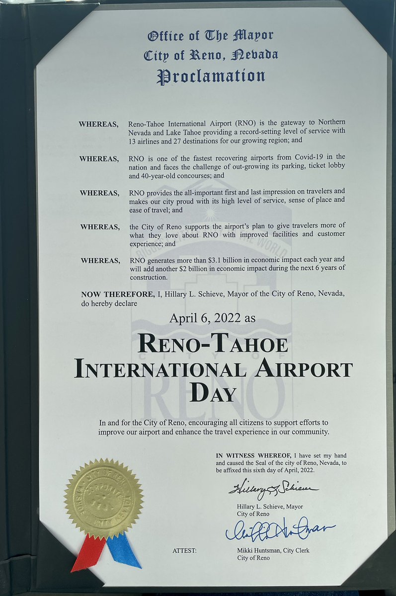 CityofReno's tweet photo. Today is Reno-Tahoe International Airport Day! We joined the @RenoAirport as it announced the start of a multi-year project that will transform the way our passengers travel for generations to come. More info: https://t.co/UKOMnAWuwG https://t.co/KxvYvnI7CF