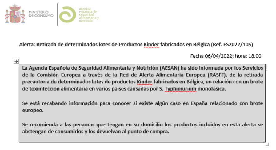 AESAN_gob_es's tweet photo. ⚠️ Alerta por retirada de determinados lotes de productos Kinder fabricados en Bélgica. Ver detalles de los productos implicados ⬇️

🚫 No consumir

📌 https://t.co/NFBuGHde85 https://t.co/wqNIZ1jpVd
