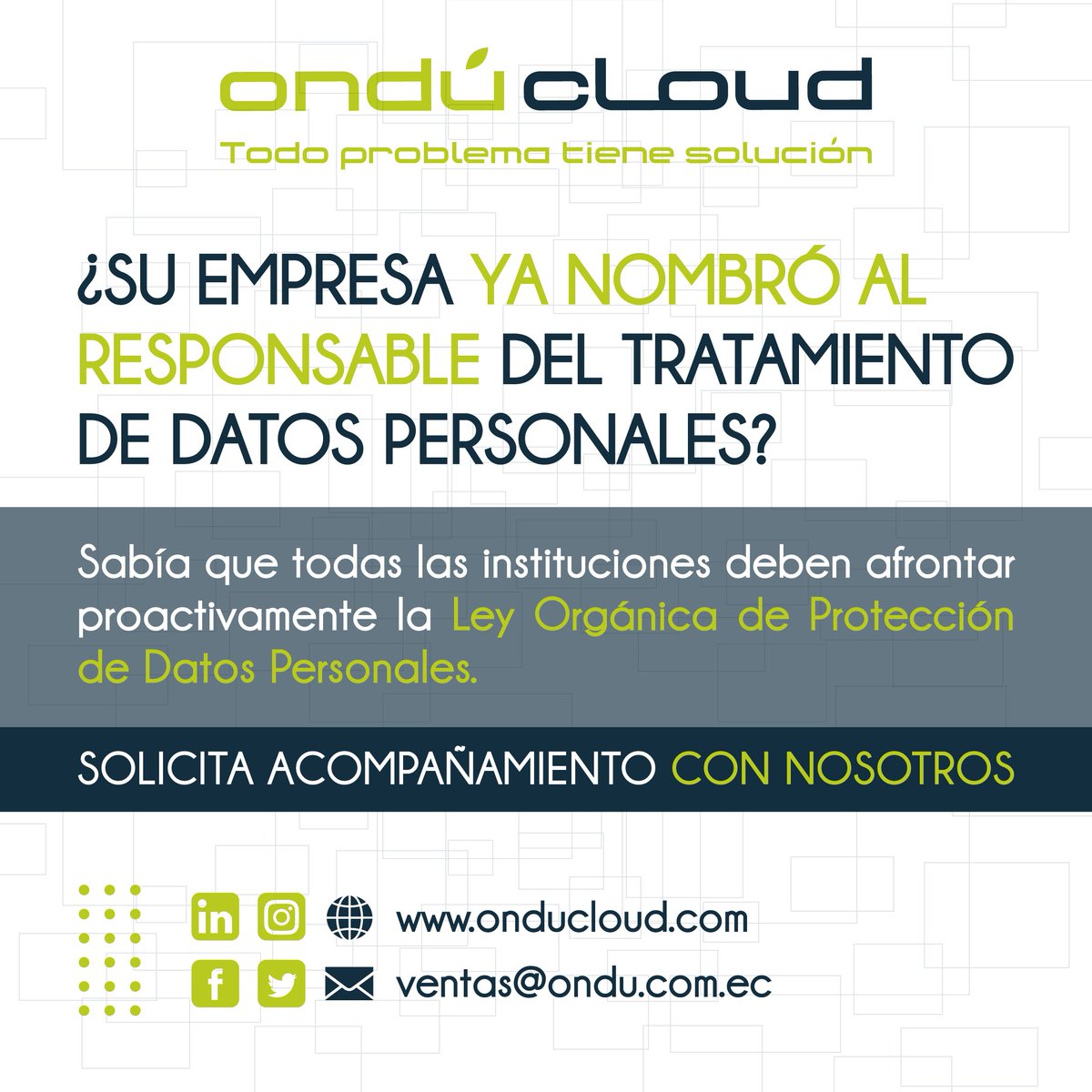 OnduCloud's tweet photo. 🚨 Has escuchado sobre la #LOPDP ⁉️ 
#LeyOrganicadeProtecciondeDatosPersonales
No obtengas multas innecesarias por no adoptar medidas de seguridad apropiadas.
💡Nosotros tenemos la solución, contáctanos 👇
#CiberSeguridad #Seguridad #Datos #DataProtection #Privacidad #NubePrivada https://t.co/INZHjOLHdo