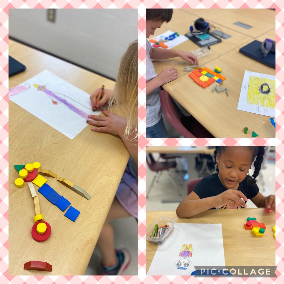 HeckoC's tweet photo. 1st graders have been working through the engineering design process to design their robots using pattern blocks. Today they created and improved their designs. #perseverance #engineeringDesignProcess #STEAMlab #RobotsEverywhere #imaginationLab https://t.co/60Yw4ZNIvm