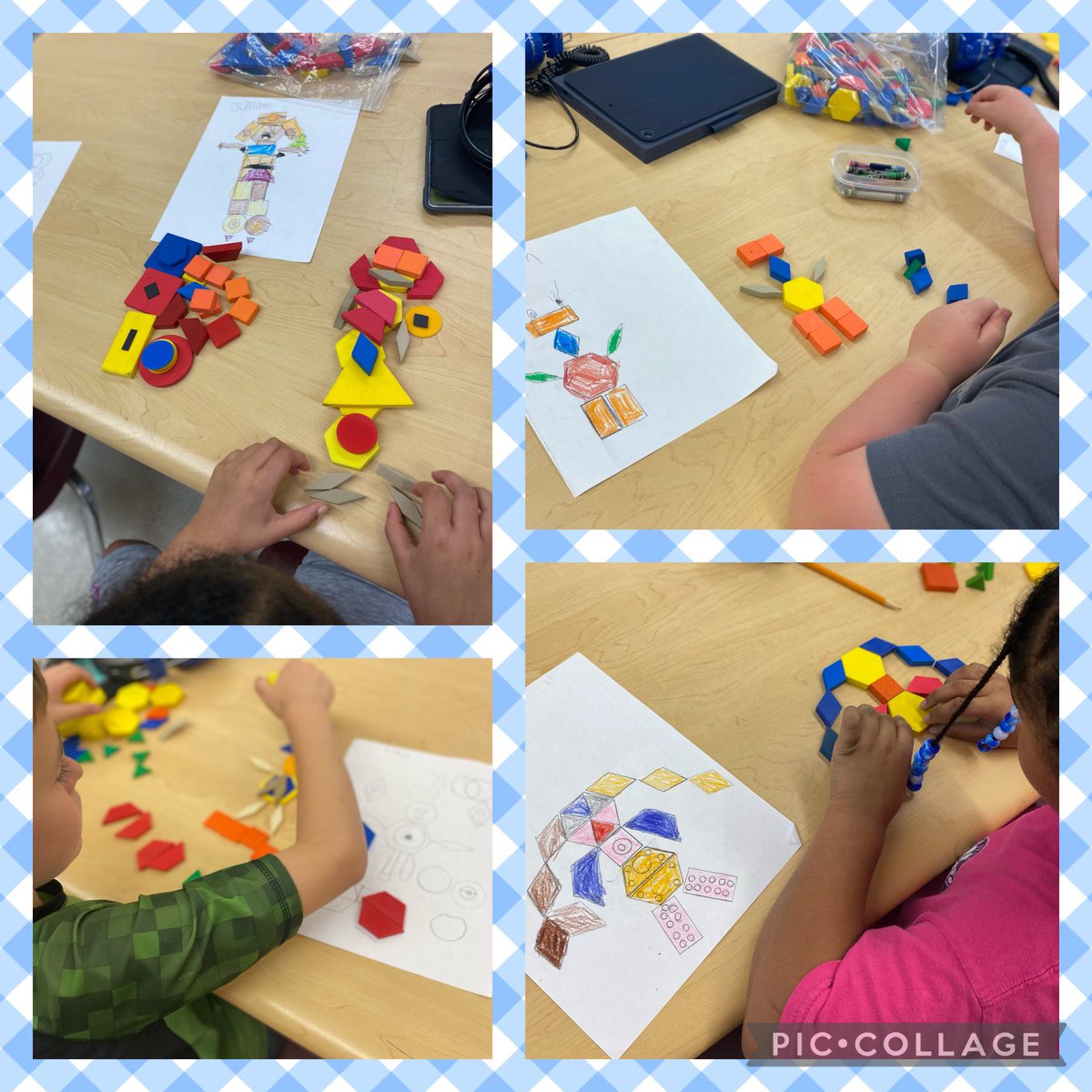 HeckoC's tweet photo. 1st graders have been working through the engineering design process to design their robots using pattern blocks. Today they created and improved their designs. #perseverance #engineeringDesignProcess #STEAMlab #RobotsEverywhere #imaginationLab https://t.co/60Yw4ZNIvm