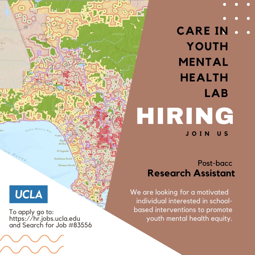 annaslau's tweet image. Our lab is hiring a research assistant to contribute to the conduct of school-based intervention/ implementation trials focused on advancing youth mental health equity. Apply at hr.mycareer.ucla.edu/applicants/Cen… Please RT and share with soon to be grads ready to launch this summer!