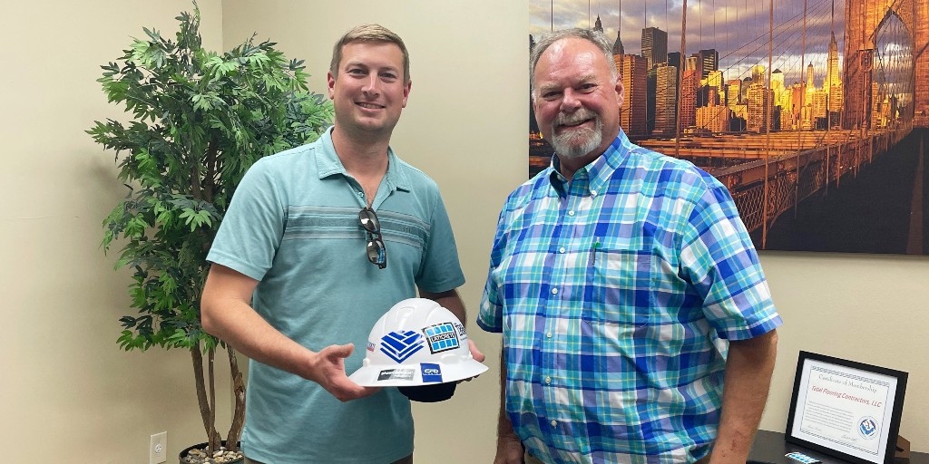 TotalFlooring1's tweet photo. Joe Farrell with Commercial Flooring Distributors of Florida stopped by for meetings and he added his sticker to our Friends of Total Flooring hard hat! We look forward to your next visit, Joe! #totalflooring #tfteam #friendsoftotalflooring #hardhatwednesday #flooring https://t.co/QhlpLKshUf
