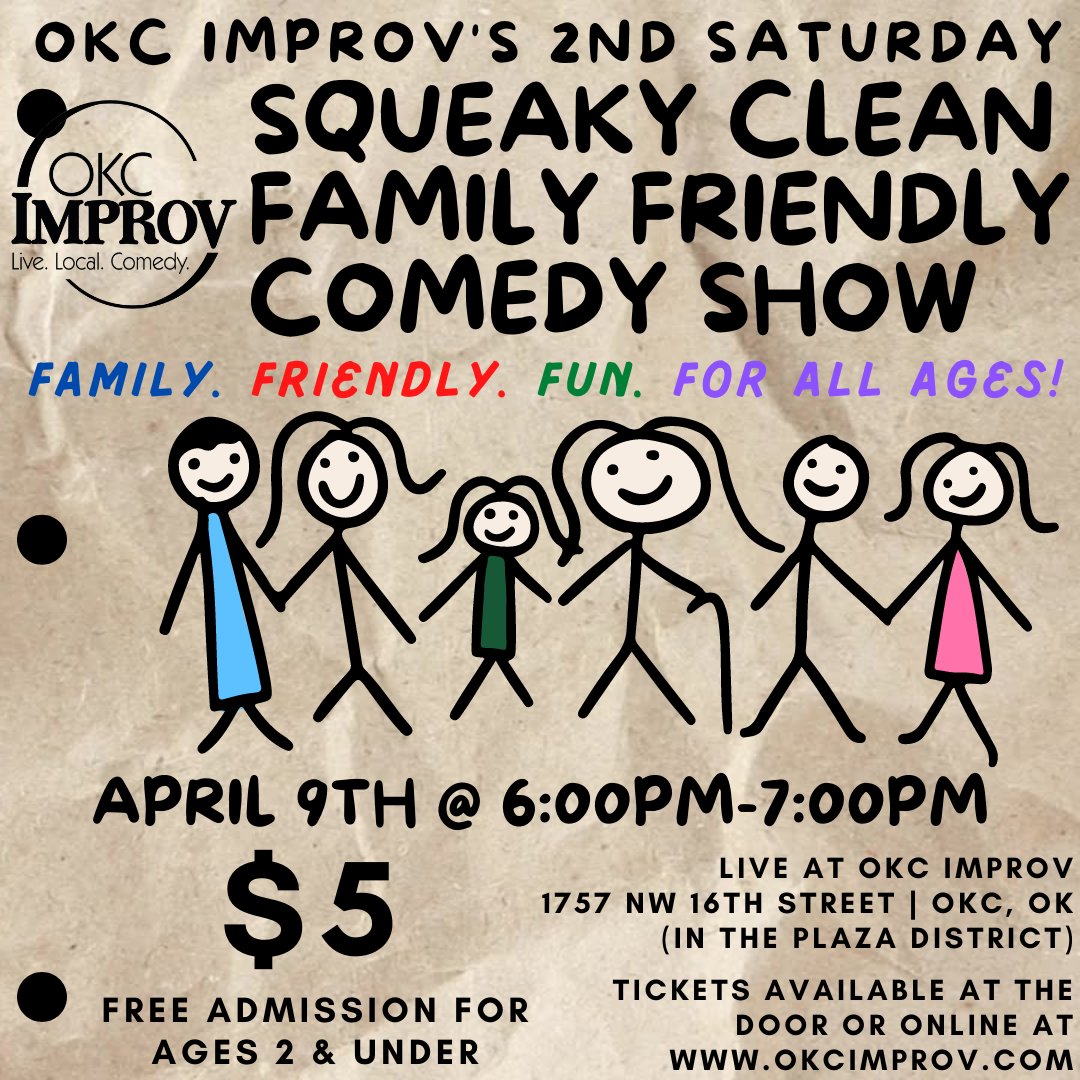 okcimprov's tweet photo. OKC Improv is offering fun for the WHOLE family! We've got our Squeaky Clean Family Friendly Comedy show that'll keep everyone laughing from Grandparents to kids! Reserve tickets today at https://t.co/ijN9S55a5a! #SqueakyCleanComedy #FamilyNight #PlazaProv https://t.co/QFKoQk839z
