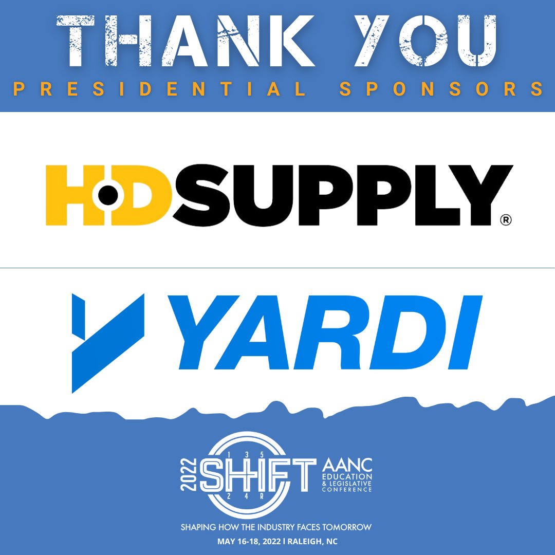 AANCOnline's tweet photo. THANK YOU to our #AANC2022SHIFT Presidential Sponsors: HD Supply and Yardi! Not yet registered? Save up to $20 when registered at the early bird discount by 4/12/22 at https://t.co/iYG5tE4e8K. #AANC2022SHIFT #getSHIFTdone #SHIFThappens #ohSHIFT https://t.co/A10faGwmp6