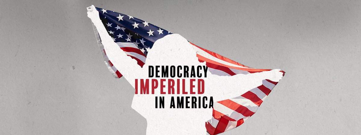 Democracy Imperiled in America. Silhouette of a woman holding an American flag.