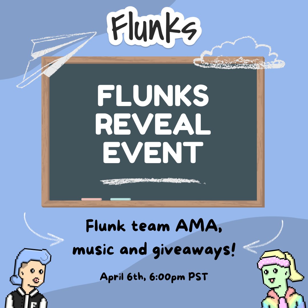Today is reveal day! 🎉

📆 Welcome your Flunk to the world today at 6pm PST.

🎧 When Flunks reveal head to Discord and we'll be live on stage talking Flunks and answering your questions

🎵 6:30 is when the real fun starts. We'll have music to go along with some fun and games!