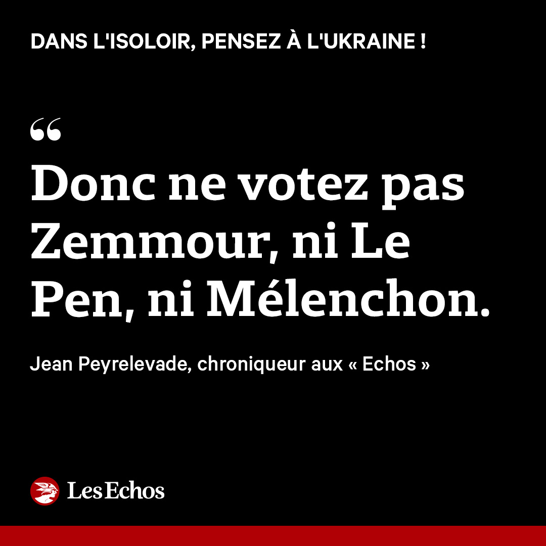 LesEchos's tweet photo. "La guerre en Ukraine rappelle que seuls la démocratie et des pays unis au sein d'une Europe souveraine peuvent constituer un rempart aux dérives autoritaires et guerrières. Au moment de choisir face aux urnes, pensez-y."

CHRONIQUE 🗣️

https://t.co/vaHKhGqx6W https://t.co/dx2NAo9K0P