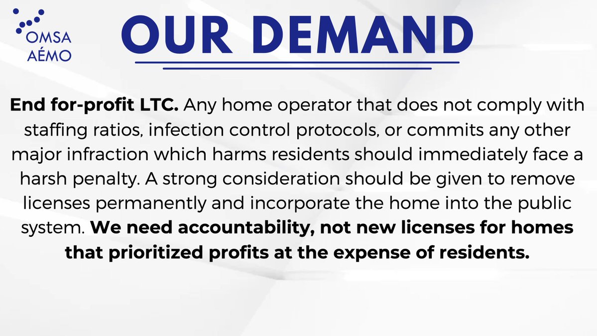 OMSAofficial's tweet photo. Throughout the pandemic, for-profit LTC homes have fared worse than non-profit ones in taking care of residents with double the deaths per 100 beds during outbreaks. It is time to end for-profit LTC once and for all. #OMSADoA2022 #LTCJusticeNow #onpoli https://t.co/zqFUk4ikuw