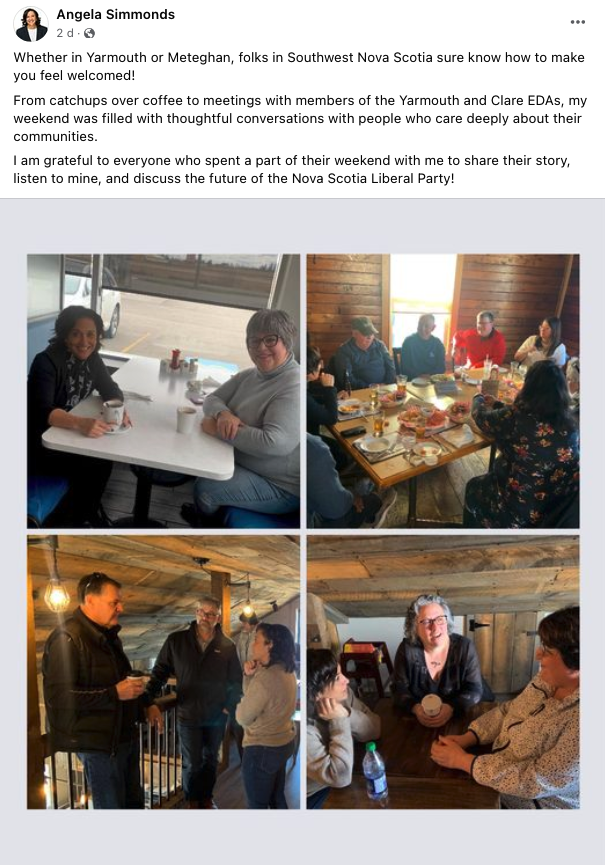 Both Churchill's and Simmonds' campaigns are showing a big change from the last Liberal leadership: candidates are better able to get back out there across the province and meet members in large groups. #nspoli