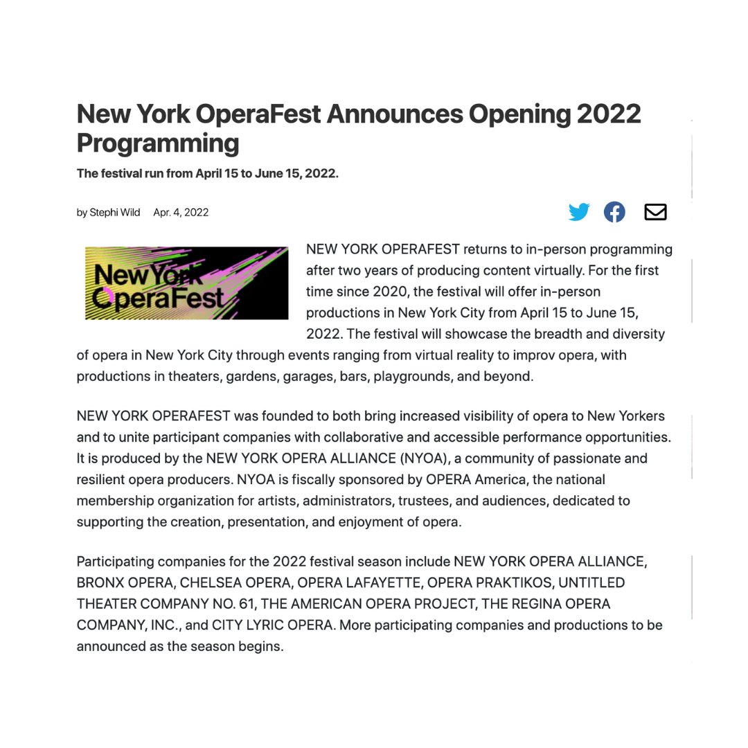 NYOperaAlliance's tweet photo. It’s that time of the year—the #OperaFest is back! #OperaFest 2022 will celebrate the return of in-person performances, as we build a better future for opera! https://t.co/7tJaeOW6OC