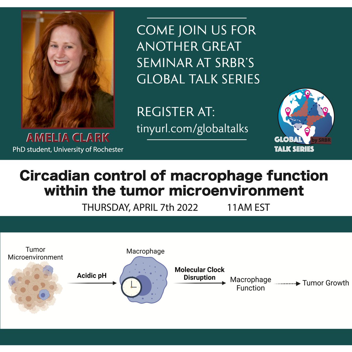 SRBR_Outreach's tweet photo. Sit back and enjoy another pair of #ClockTalks tomorrow (7th April).
Brandon Roberts will speak about #rhythms in the prefrontal cortex and Amelia Clark will describe #circadian macrophase function in tumors.
Register @ https://t.co/Tj450LZpCy to join.
@UMassAmherst @UofR https://t.co/8sjBjDnhBD