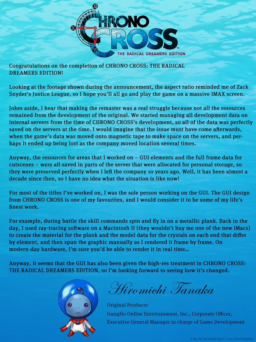 chronogame's tweet photo. Original Producer of Chrono Cross Hiromichi Tanaka would like to share the following message with you to commemorate today's release of Chrono Cross: The Radical Dreamers Edition. https://t.co/jXgLLGCf0d