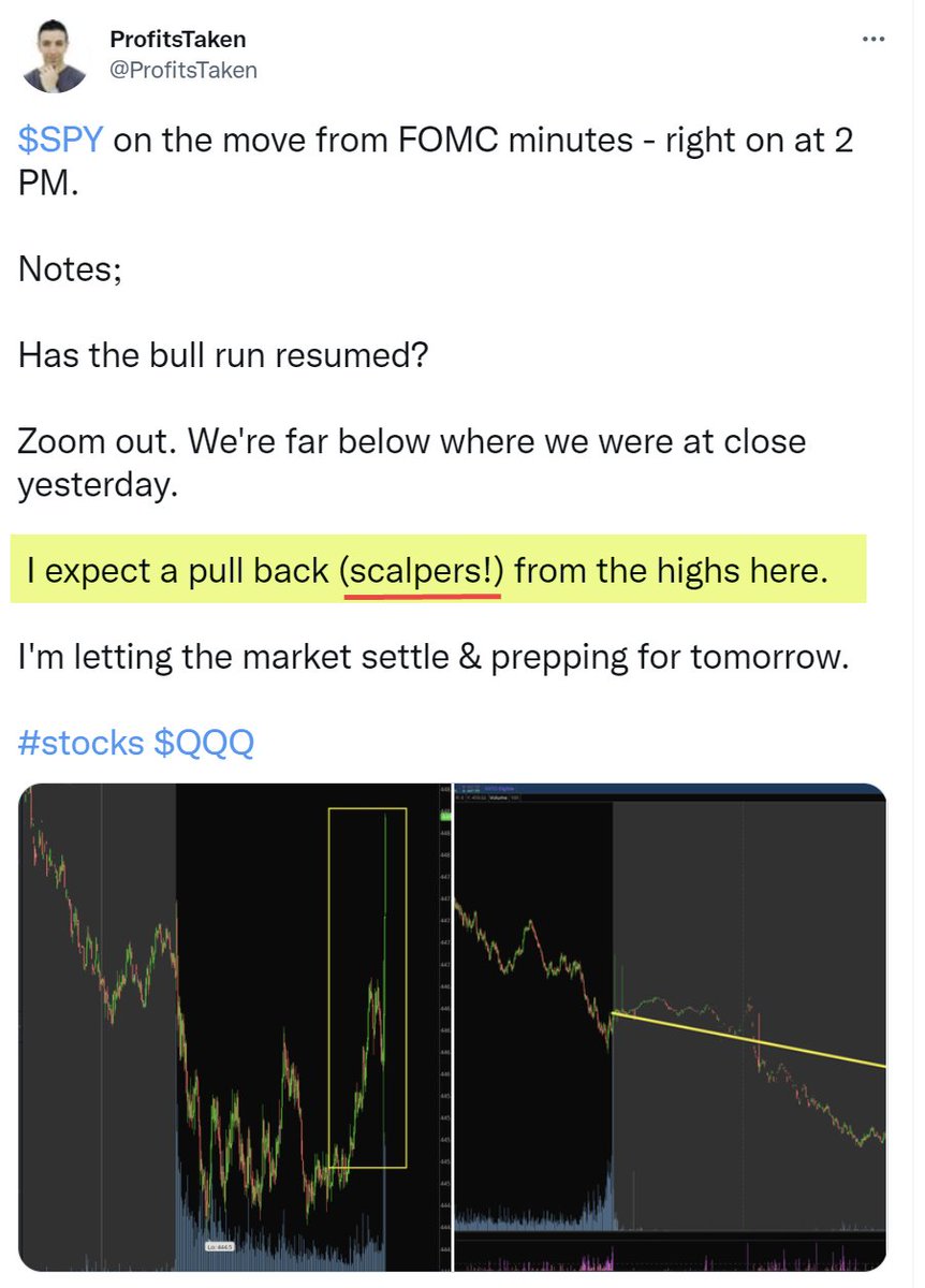 ProfitsTaken's tweet photo. 🎯How's this for a callout🤑;

Once again - understanding market dynamics and economics matters‼️ 

This had nothing to do with a flow or 'levels' 

I even stated - there's nothing bullish about a 50bp hike which minutes showed had support.

See images👇
#stocks #optionstrading https://t.co/zvkR1Dq7Rs