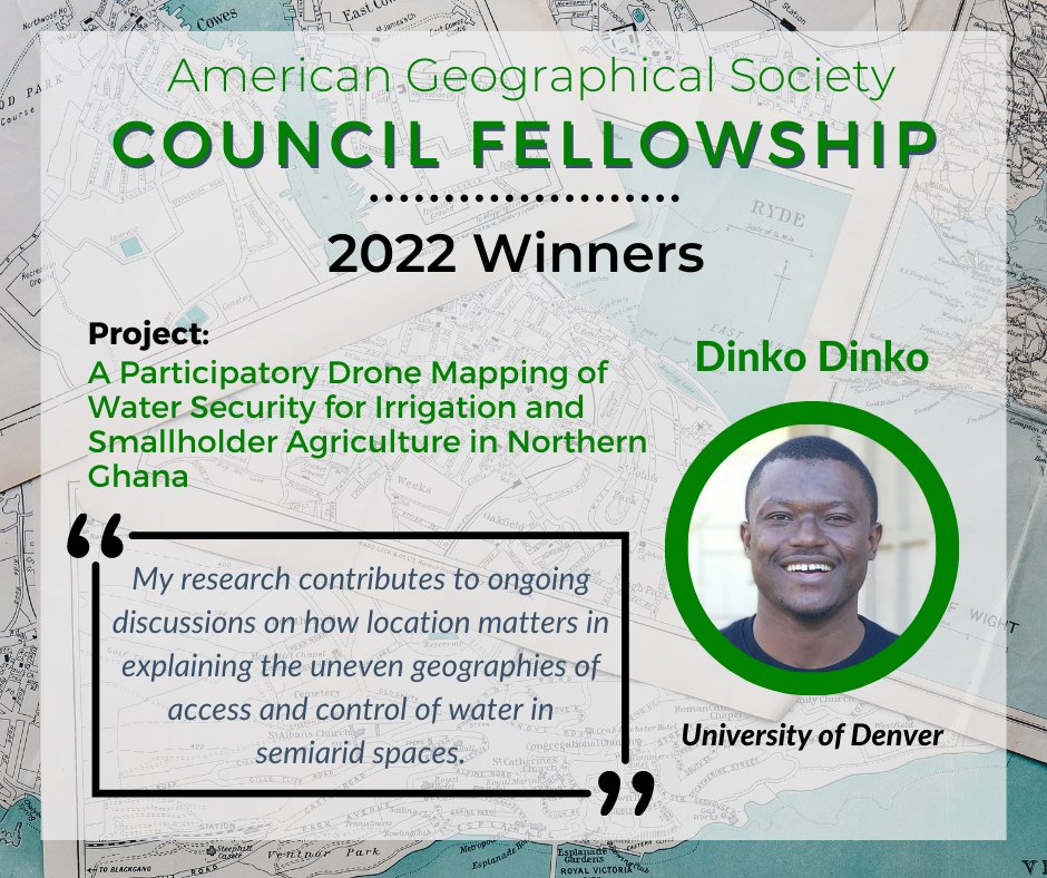 Congratulations to Dinko Dinko, one out of four recipients of the American Geographical Society 2022 Council Fellowship awards! 

<a href="/Dh_Dinko/">Dinko Hanaan Dinko</a> <a href="/UofDenver/">University of Denver</a>