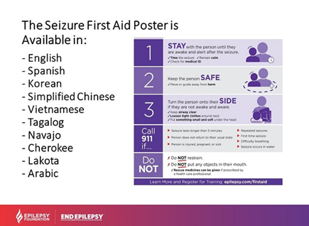 EpilepsyFdn's tweet photo. The Epilepsy Foundation and its Affiliates nationwide translated Seizure First Aid Posters into 14 languages that serve their immediate communities. Visit here: https://t.co/JMYtLi6EWD @CDCgov #StaySafeSide #EpilepsyEquity #NPHWChat https://t.co/FaDRl8HvFA