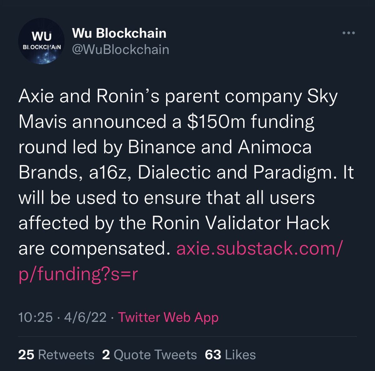 Interesting. "Binance" raised $200M.

"Binance" immediately uses $150M to bail out Axie.

Also notable that "Circle Ventures" invested, I wonder where they got the money from? Surely not the stablecoin reserves, right? 

Right?