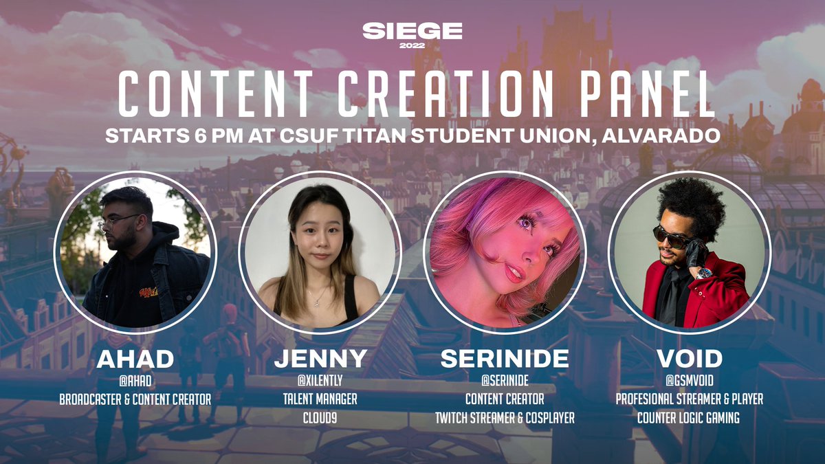 CSUFLoL's tweet photo. Get ready for our Content Creation Panel featuring Talent Management and Streaming 📺

Ahad, Jenny, Serinide, and Void will be speaking about their journeys leading up their careers in streaming/talent during SIEGE 2022 📢

🗓️ When: Sunday 4/10, 6PM
📍 Where: CSUF TSU, Alvarado https://t.co/vpildFR5MG