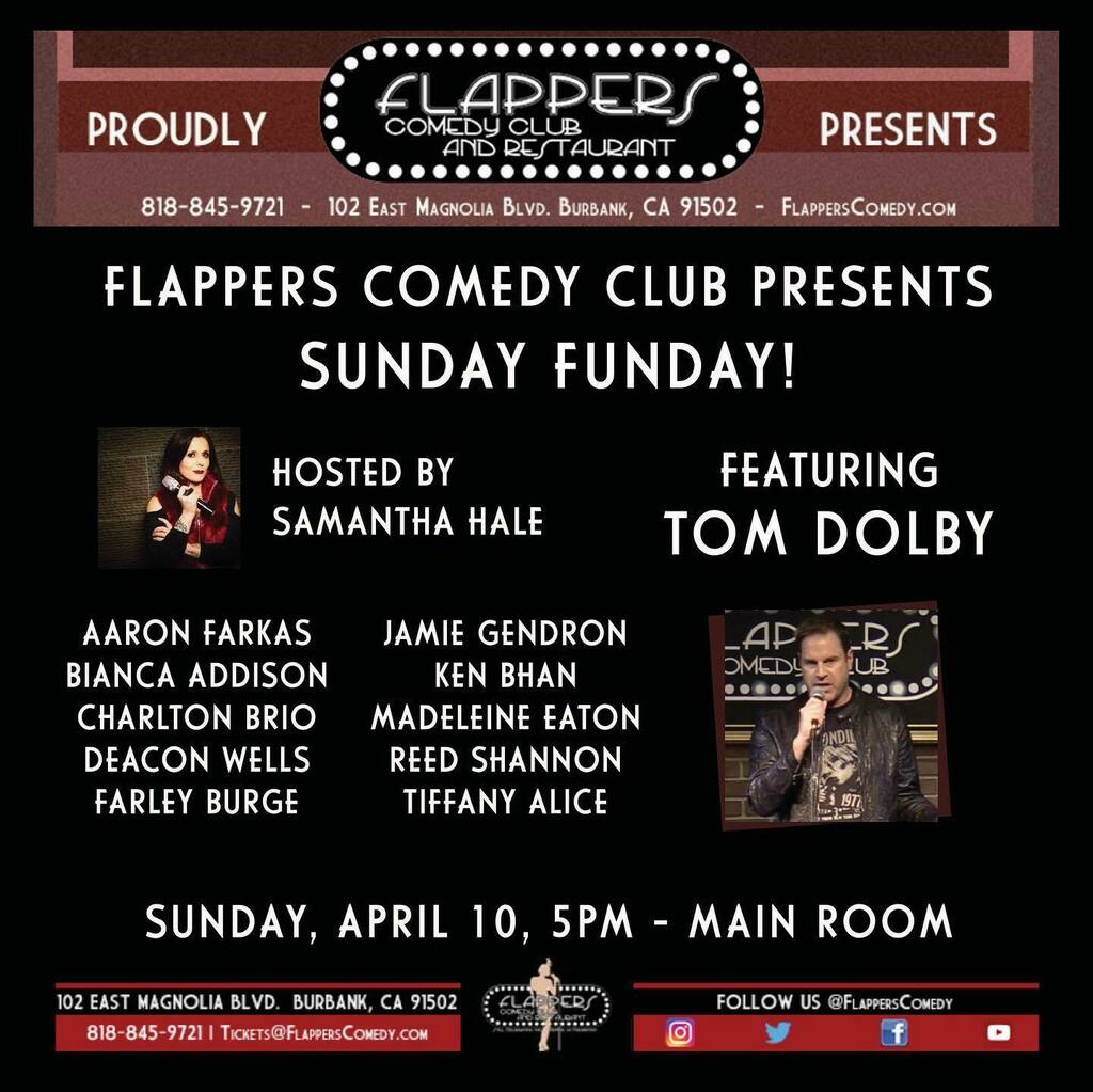 tomdolby's tweet photo. Come and laugh this Sunday @flapperscomedy in Burbank for Sunday Funday! This Sunday, April 10, 5pm. Chris Rock had to cancel, so we got the Main Room! Hosted by fab comedic diva @thesamanthahale!
.
.
.
#standupcomedy #comedy #comedyclub #comedyshow #lac… https://t.co/KhLhgHqpzT https://t.co/Us4itOvWct