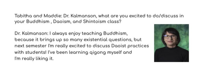 unt_phil's tweet photo. Hello all! It’s Tabitha here with an interview with our fabulous Dr. Kalmanson about her Buddhism, Daoism, and Shintoism class offered next fall. Check out what she has to say! https://t.co/ZC5201RsCi