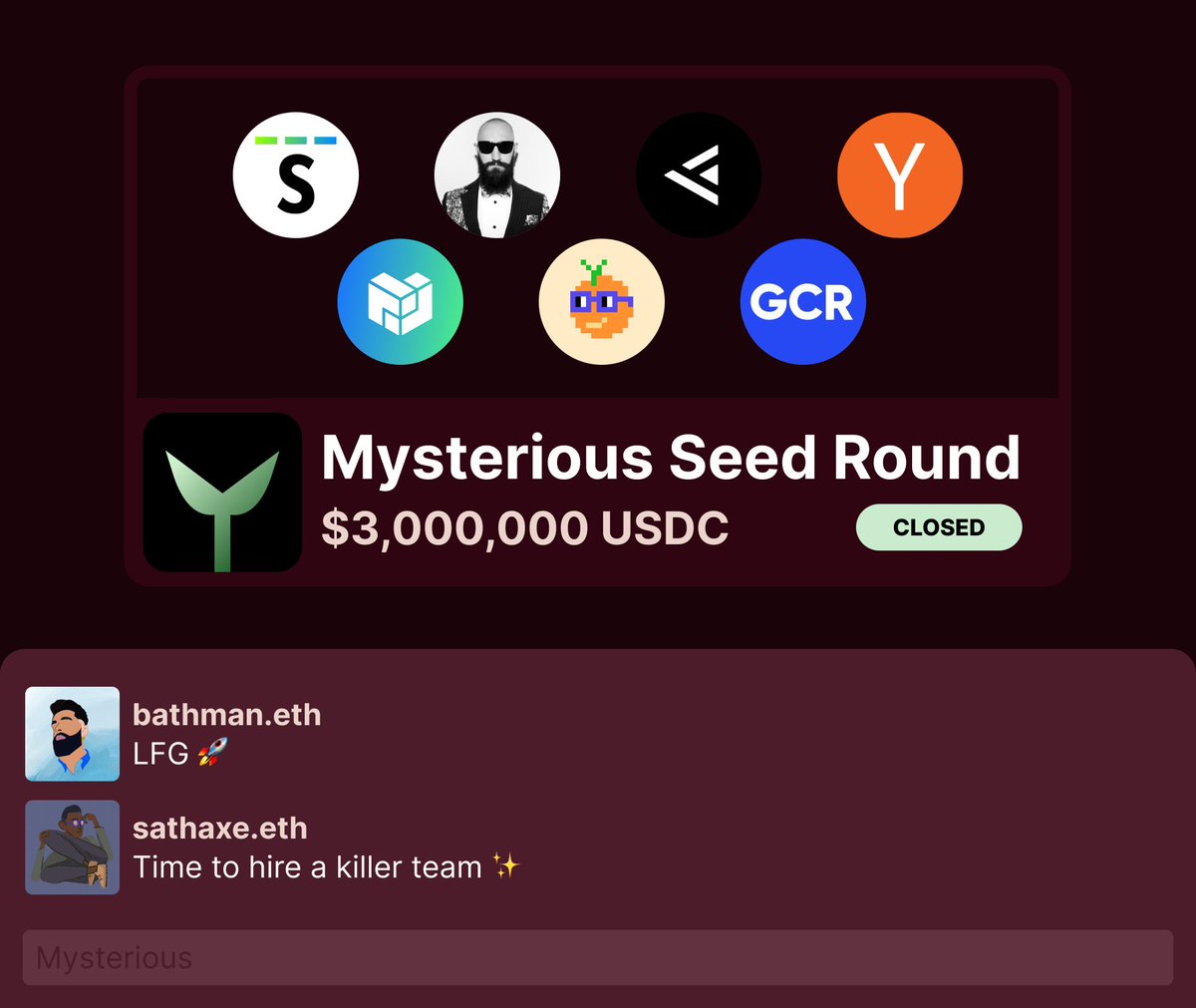 Excited to announce <a href="/0xMysterious/">Mysterious</a> $3.1MM seed round ✨

Its been a winding road for <a href="/samraaj/">Samraaj Bath ⚡️</a> and me, peek behind the scenes 👇🏾
