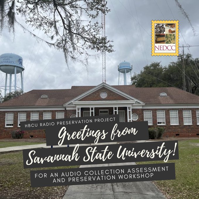 NEDCCInfo's tweet photo. As part of @WYSO's #HBCU #RadioPreservation Project, NEDCC visited @savannahstate to survey their historically significant #radioarchives, as well as teach #audiopreservation &amp; #digitalpreservation workshops to the staff at @WHCJRadio &amp; @gordonlibrary!➡ https://t.co/NeJUig59wQ https://t.co/INP7uslbv8