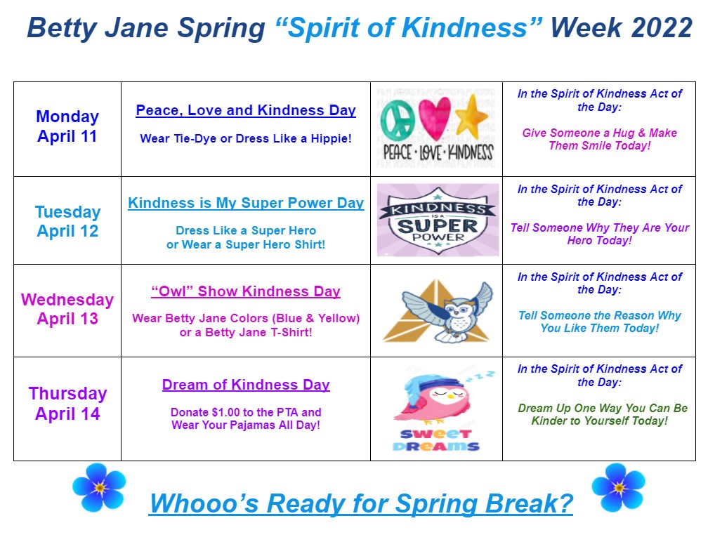 aps_jschmidt's tweet photo. Next Week is Spring "Spirit of Kindness" Week at Betty Jane CLC!  Let's Be Kind All Week Long! @mary_outley @ChrisFowlerMack @EllenMcW @apslearns
#BeKind330 #apslearns #BettyJaneOwls https://t.co/8kE29w4GdZ