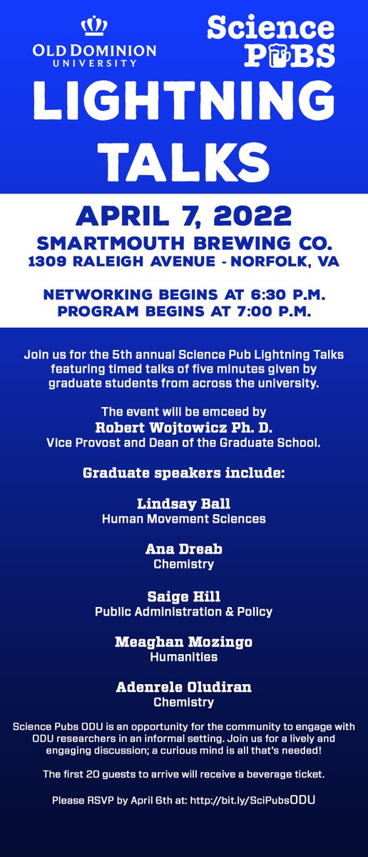 See you Thursday, 4/7 for Science Pub at
<a href="/smartmouthbeer/">Smartmouth Brewing</a> in Norfolk with <a href="/odu_gradschool/">ODU The Graduate School</a>. The event will feature graduate students from across ODU sharing 5 minute timed talks about their research.  Check out the details below and register here:

fs25.formsite.com/researchdev/