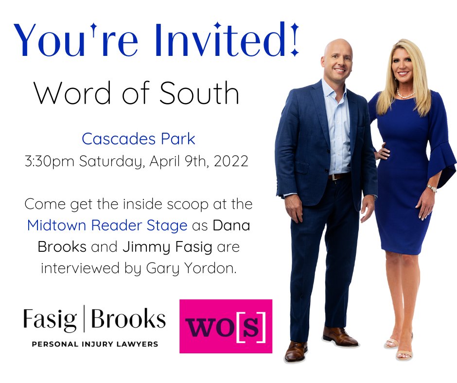 FasigBrooks's tweet photo. We hope you'll join us this weekend for Word of South!  We'll be there all weekend from 11am-6pm with a special interview of Jimmy &amp; Dana Saturday. Let us know you're coming we will have swag, &amp; giveaways! #WOS22 #PersonalInjury #LocalAuthors #ComeBackStronger #FunctionalFeminism https://t.co/ZiQlB3t8NY