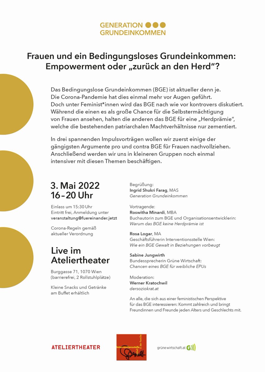 Während die einen es als große Chance für die Selbstermächtigung von Frauen ansehen, halten die anderen das BGE für eine „Herdprämie“, welche die bestehenden patriarchalen Machtverhältnisse nur zementiert.
Diese Einladung richtet sich auch an Männer.