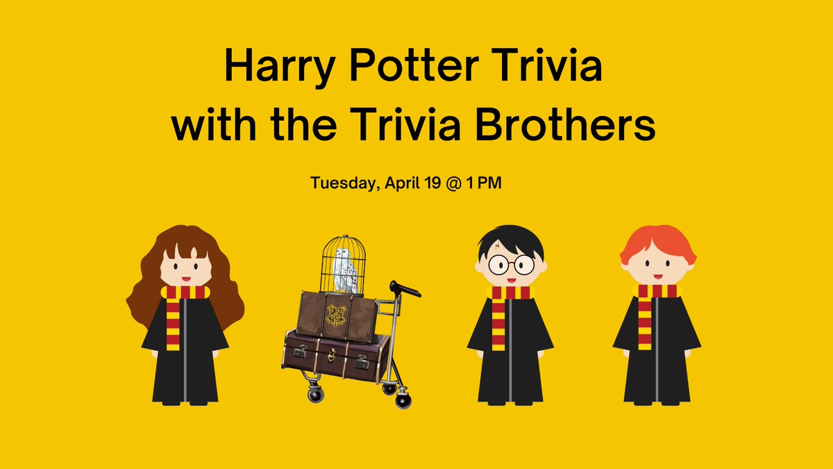 BridgewaterLib's tweet photo. Register for Harry Potter Trivia w/ the Trivia Brothers on Tuesday, April 19 @ 1 PM. (That's school vacation week!)
Create a team of 1-6 and register at https://t.co/76Puck4rv7 LEGO prize for the winning team. #harrypotter #bridgewaterma @Bwater02324 @BridgewaterMA @BridgeStateU https://t.co/jeeOPRSvlz