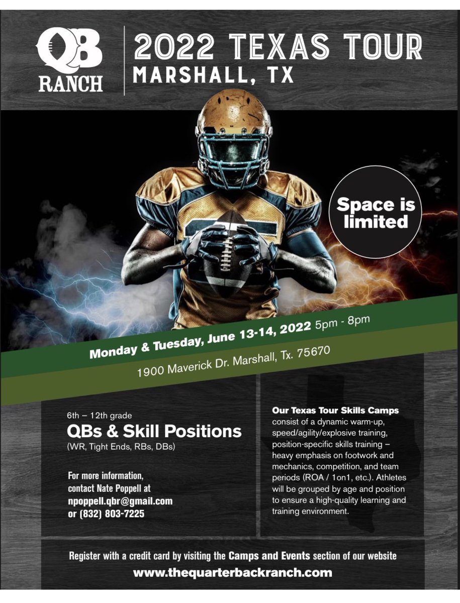 CoachJakeW's tweet image. QB Ranch coming to Marshall, Tx!! Do not miss out on this great opportunity! @N8Popp and his staff do an incredible job training athletes! SIGN UP ASAP!!! 🔥🔥