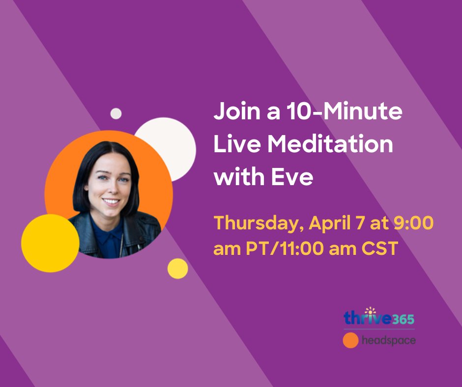 WellnessByBSWH's tweet photo. The Headspace for Work community is getting together for a live meditation on mindfulness in daily life. Save your seat next to Eve as she guides us through a mindful refresh. #30DaysOfMindfulness 🧘‍♀️
https://t.co/Gz2P5p2uPV https://t.co/h191wIMmUn