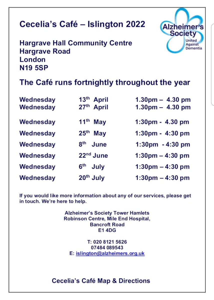 N19Hall's tweet photo. Cecelia’s Cafe provides useful information in a structured and relaxed setting that gives the opportunity for people with dementia, families and carers to ask questions and learn from the experiences of people in similar situations.

#alzheimers #alzheimerssociety https://t.co/0MorZtCO7q