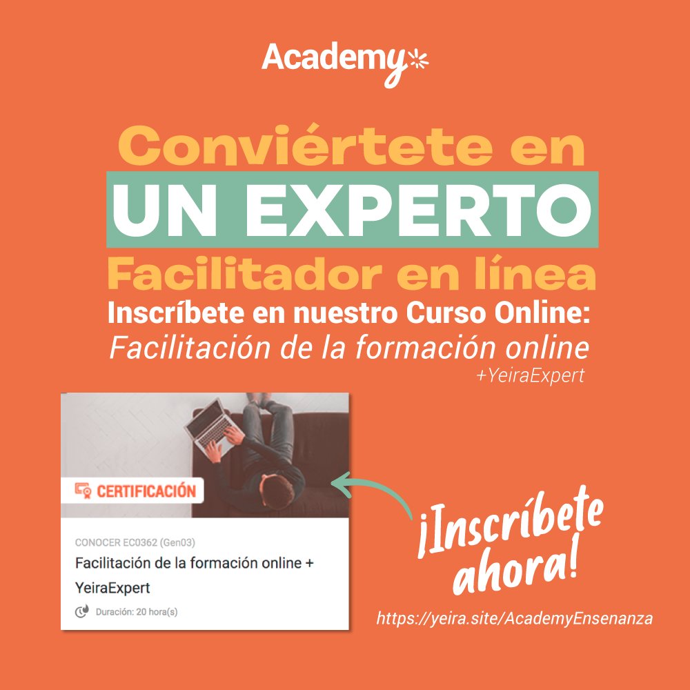 yeiraelearning's tweet photo. 👀 ¿Conoces todas las estrategias y métodos que puedes utilizar para cautivar a tus alumnos? Certifícate como Facilitador de la Formación Online por el CONOCER y Yeira. Inscríbete ahora 👩‍🏫: https://t.co/WKWdMc987s

#FacilitadorEnLínea #PlataformaElearning #OnlineCourseCreator https://t.co/PlAsKn0r2s