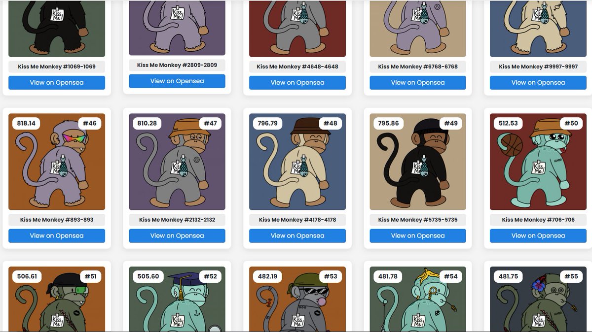 We didn't expect this but apparently the more rarest KMM are the ones who look simple!
Why? Because they have 4x the "NONE" attribue (no accessory/hat/tatoo or earring) wich give them a higher rarity score 📈
KMM collection is fascinating 🧐

#NFTrarity #KissMeMonkeyNFT #KMM #NFT