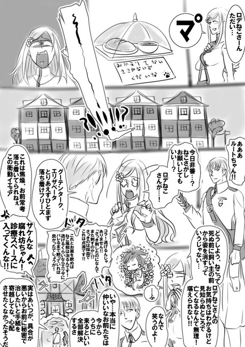 落書き。
飼い主エリザとロデねこさん「相思相愛、ゆえにすれ違い」
なんか後半文字ギッチギチだなぁ。もっとうまくなりたい 