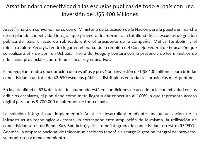enriquecarrier's tweet photo. Mañana oficializan plan de Arsat y el Ministerio de Educación para conectar al 100% de las escuelas en los próximos 3 años, con una inversión de US$ 400 M. La información no dice cómo cubrirán la última milla terrestre. Esperemos a mañana. https://t.co/BgaxxV6g21