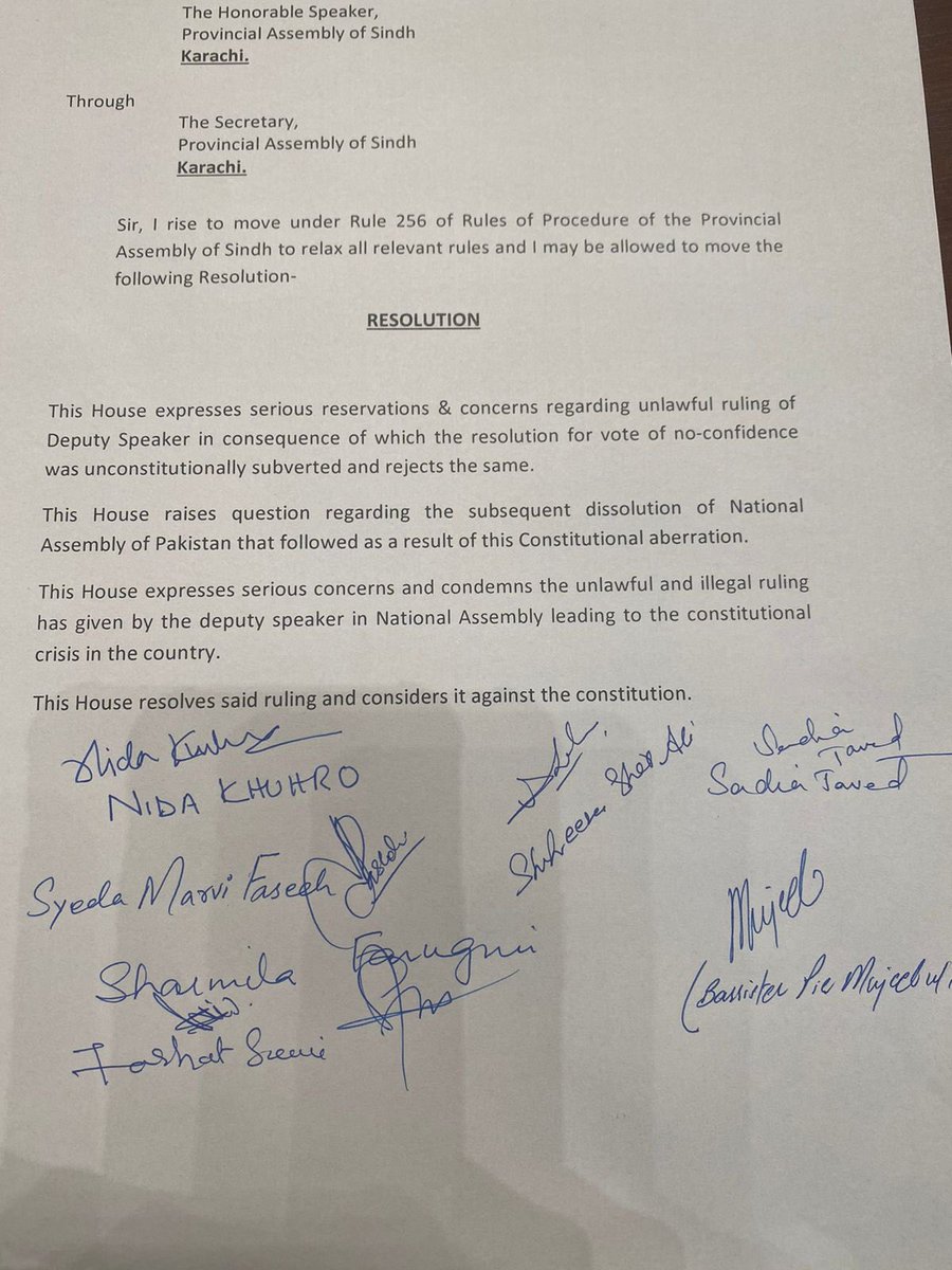 SyZulfiqarShah's tweet photo. Enough is enough. Strong condemnation turned into resolution &amp; passed by #SindhAssembly today against the unconstitutional activities held by #PTI government last Sunday. The culprits shall be tried until strict law and punishments shall be implemented.
#آئین_شکنی_نہی_چلے_گی https://t.co/bKejuWrCq3