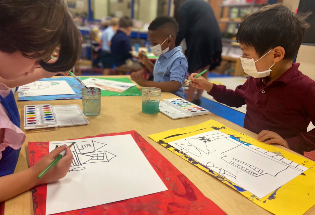 MakeSomeArt's tweet image. Pre-K is watercolor painting their drawings of community buildings. Firehouses, stadiums, and schools, each student chose their own building to add to our Pre-K neighborhood! #TrinityLearns