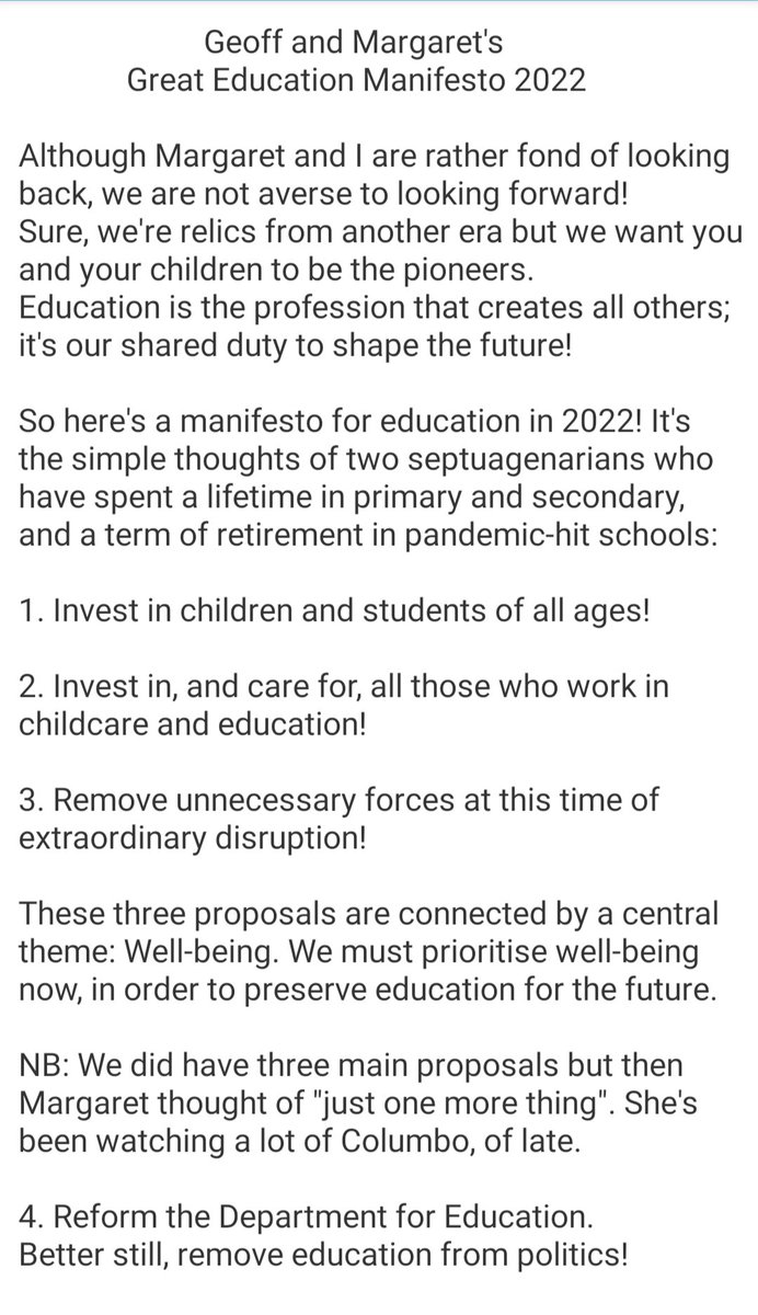 RetirementTales's tweet image. Margaret &amp;amp; I have very much enjoyed returning to the classroom but we're truly concerned by the immense pressure on children, staff &amp;amp; schools in 2022.
Following on from my series of reflections, we've taken the liberty of writing a manifesto for education: 
It's a GEM from G&amp;amp;M.